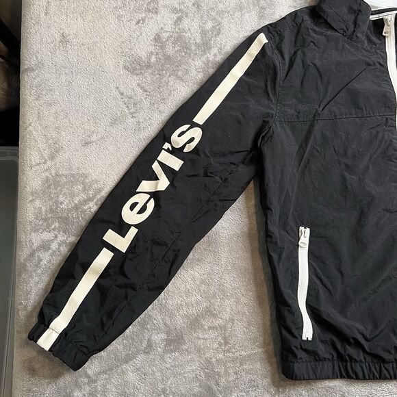 Levi's Strauss & Co Jacket Mens Small Black White Windbreaker Spellout LM9MN221 - Picture 3 of 12